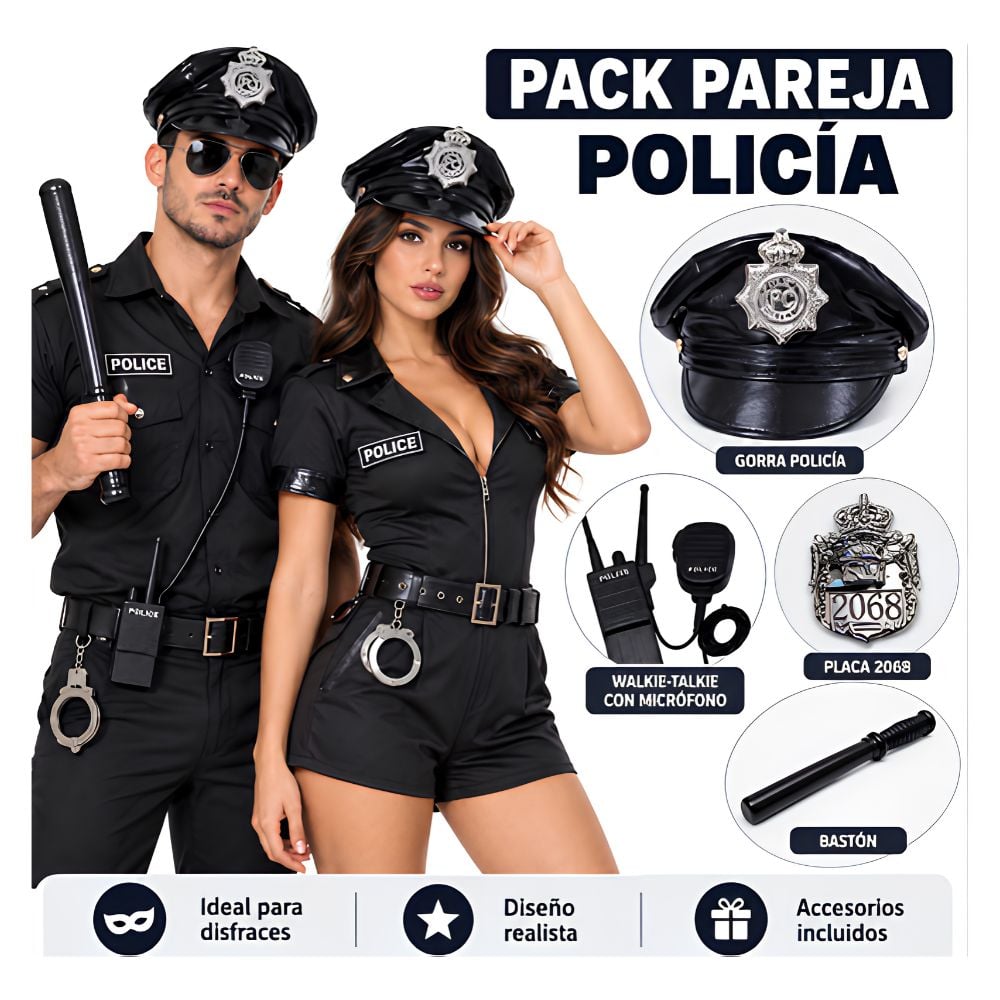 PACK PAREJA GORRO DE POLICIA CON ACCESORIOS TEMÁTICA POLICIA DISFRAZ COSPLAY HALLOWEEN - 1