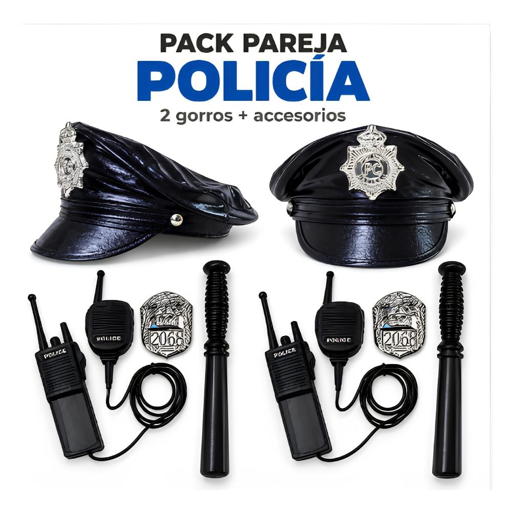 PACK PAREJA GORRO DE POLICIA CON ACCESORIOS TEMÁTICA POLICIA DISFRAZ COSPLAY HALLOWEEN - 2