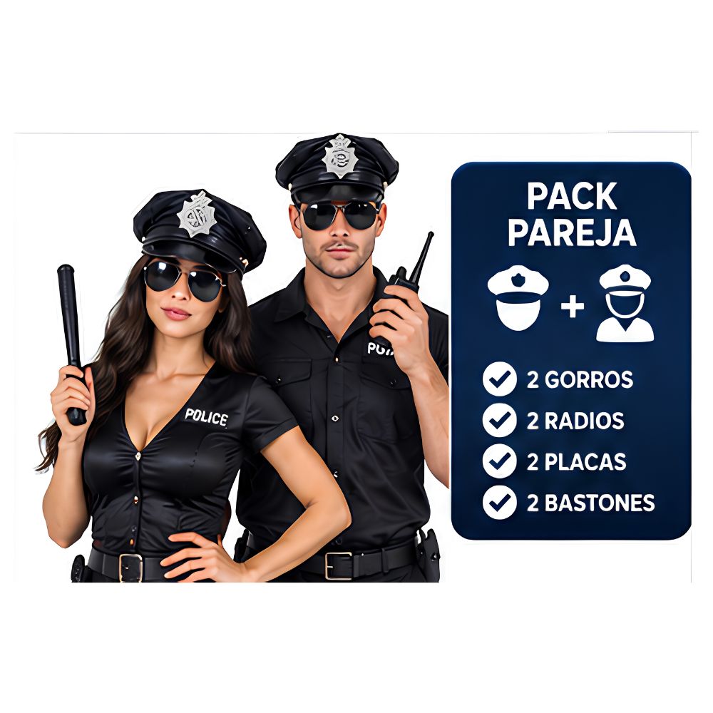PACK PAREJA GORRO DE POLICIA CON ACCESORIOS TEMÁTICA POLICIA DISFRAZ COSPLAY HALLOWEEN - 3