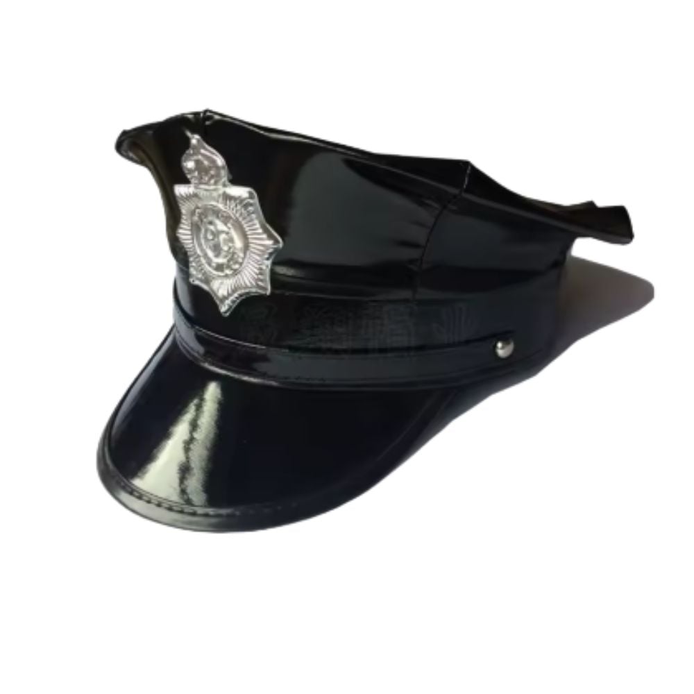 PACK GORRO DE POLICIA DE CUERINA NEGRO CON PANTIS POLICE DISFRAZ COSPLAY HALLOWEEN - 1