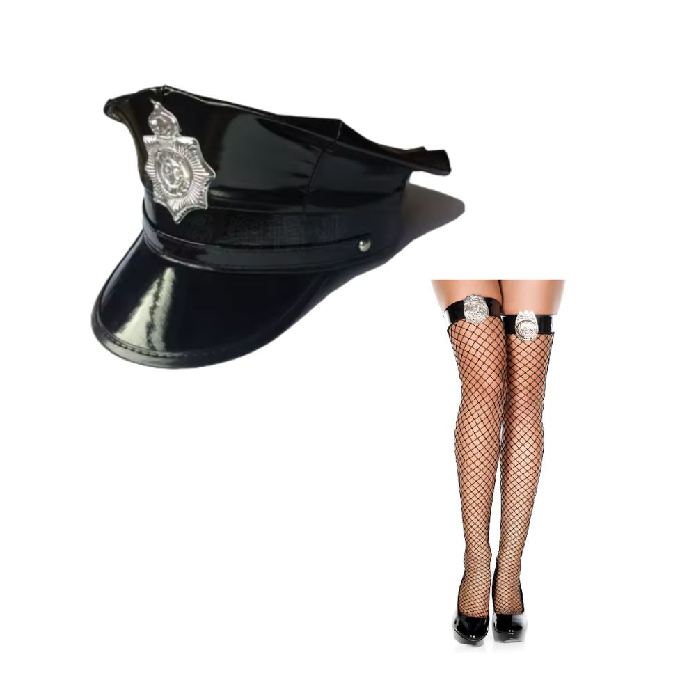 PACK GORRO DE POLICIA DE CUERINA NEGRO CON PANTIS POLICE DISFRAZ COSPLAY HALLOWEEN - 4