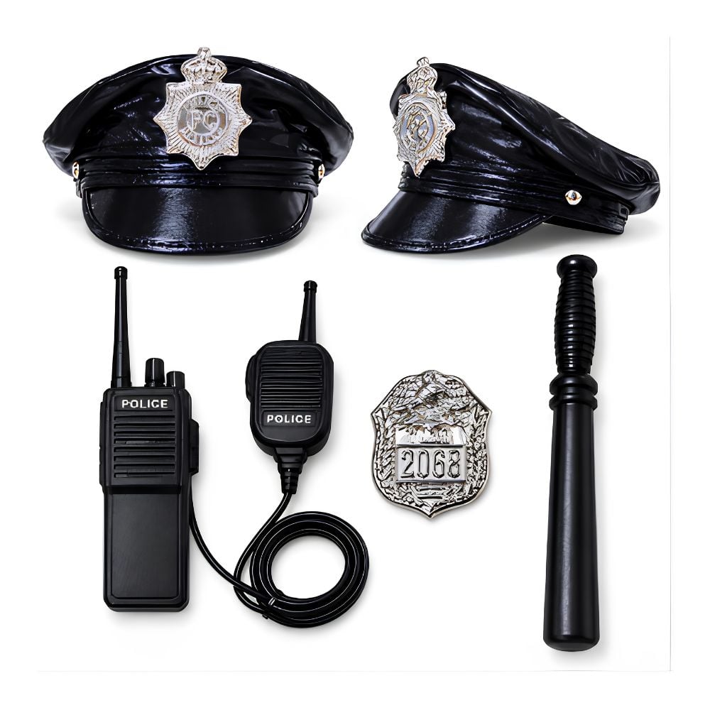 PACK GORRO DE POLICIA DE CUERINA NEGRO CON ACCESORIO POLICE DISFRAZ COSPLAY HALLOWEEN - 1