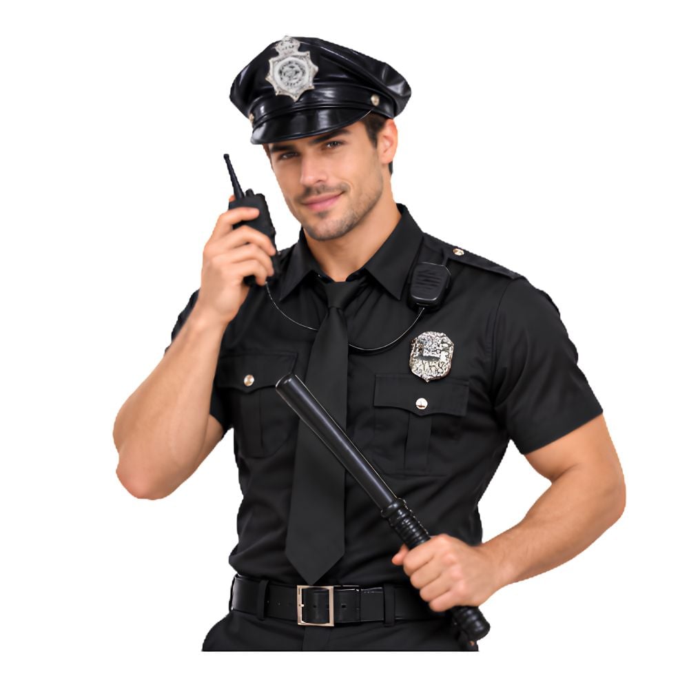 PACK GORRO DE POLICIA DE CUERINA NEGRO CON ACCESORIO POLICE DISFRAZ COSPLAY HALLOWEEN - 2