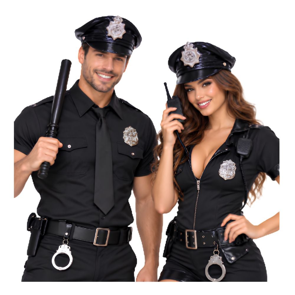 PACK GORRO DE POLICIA DE CUERINA NEGRO CON ACCESORIO POLICE DISFRAZ COSPLAY HALLOWEEN - 3