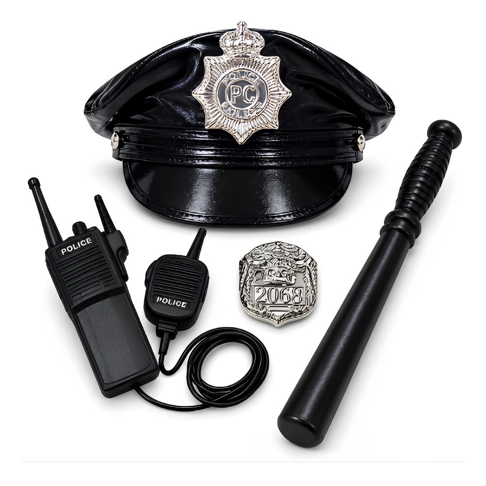PACK GORRO DE POLICIA DE CUERINA NEGRO CON ACCESORIO POLICE DISFRAZ COSPLAY HALLOWEEN - 4