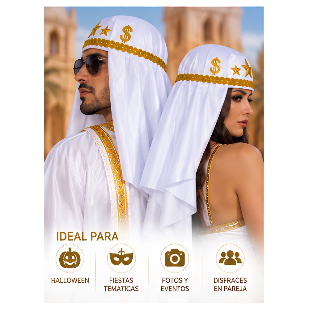 PACK X2 TURBANTES ÁRABES BLANCO DORADO PARA PAREJA DISFRAZ HALLOWEEN ADULTO - 2