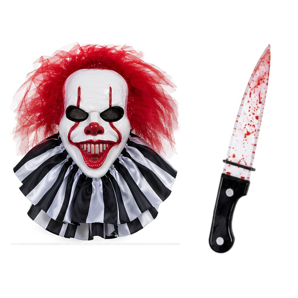 PACK MÁSCARA PAYASO DE TERROR CON CUCHILLO CON SANGRE LIQUIDA HALLOWEEN ADULTO COSPLAY - 1