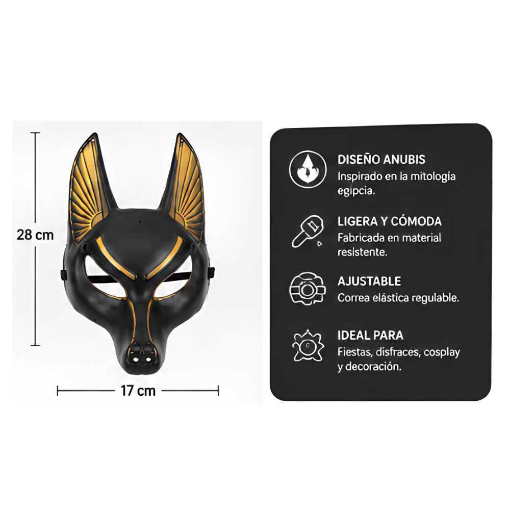 MASCARA ANTIFAZ ANUBIS EGIPCIO NEGRA CON DORADO PARA COSPLAY HALLOWEEN FIESTA - 6