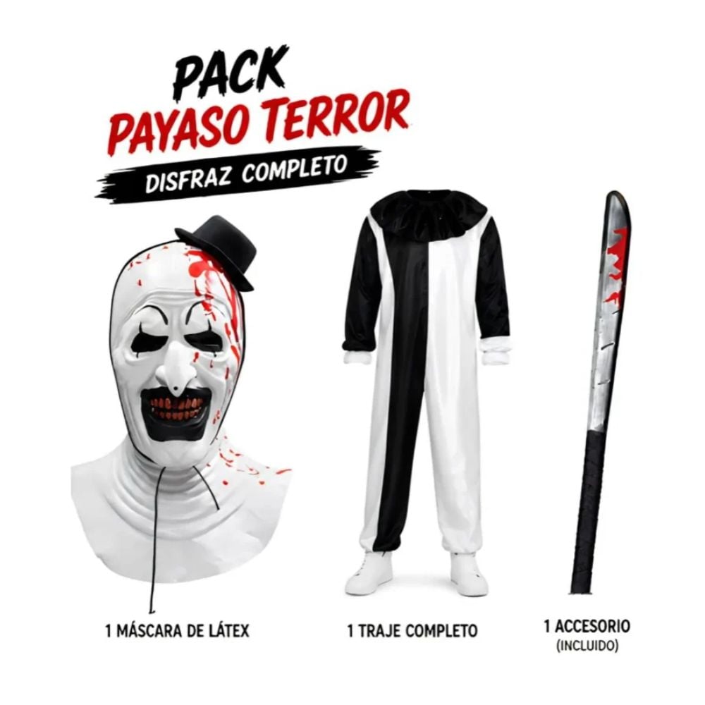 DISFRAZ COMPLETO TERRIFIER MÁSCARA DE LÁTEX Y ACCESORIO HALLOWEEN FIESTA TALLA M - 1