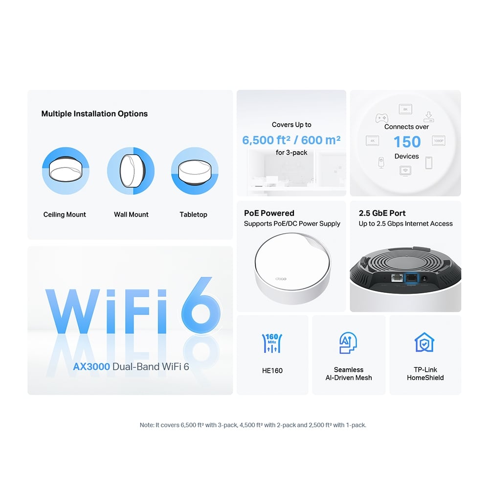 TP-LINK DECO X50-POE (3-PACK) SISTEMA MESH WI-FI 6 AX3000 CON SOPORTE POE Y MONTAJE FLEXIBLE - 3