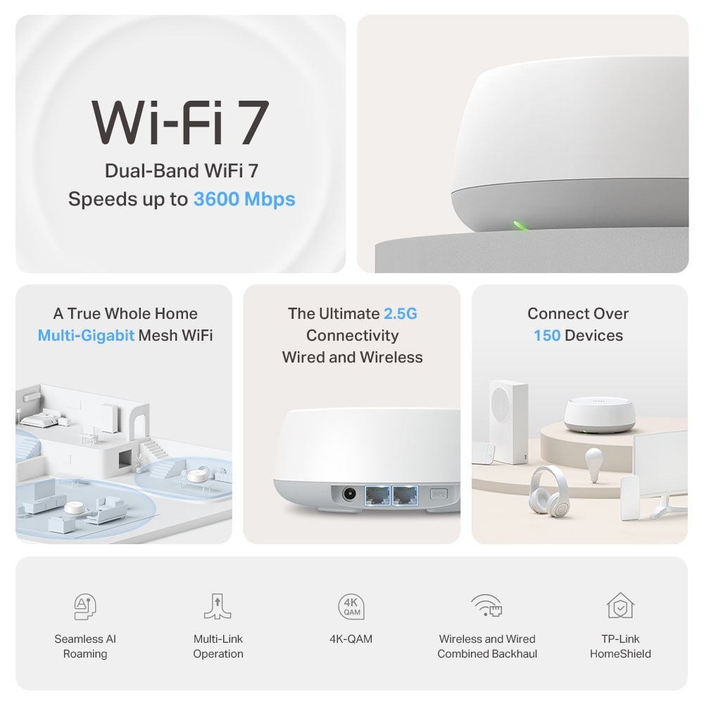 TP-LINK DECO BE25 (2-PACK) SISTEMA MESH WI-FI 7 BE5000 DOBLE BANDA PUERTOS 2.5G - 3