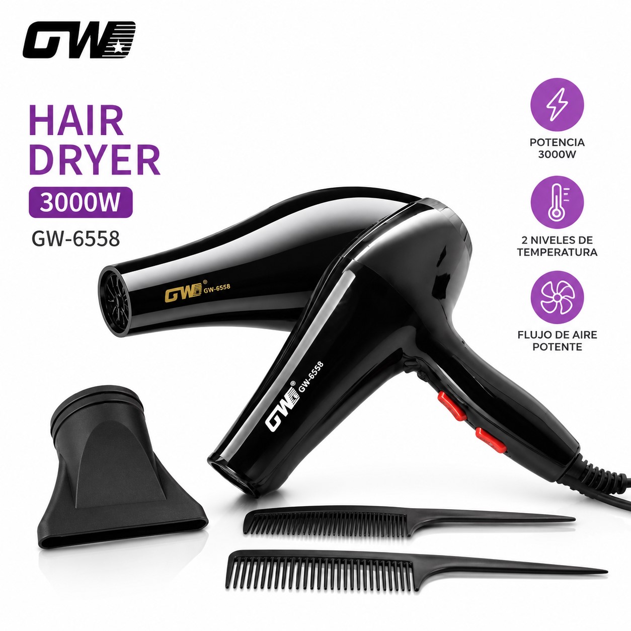 SECADOR CABELLO 3000W CONTROL FRIZZ GW-6559 SALÓN PROFESIONAL - 1