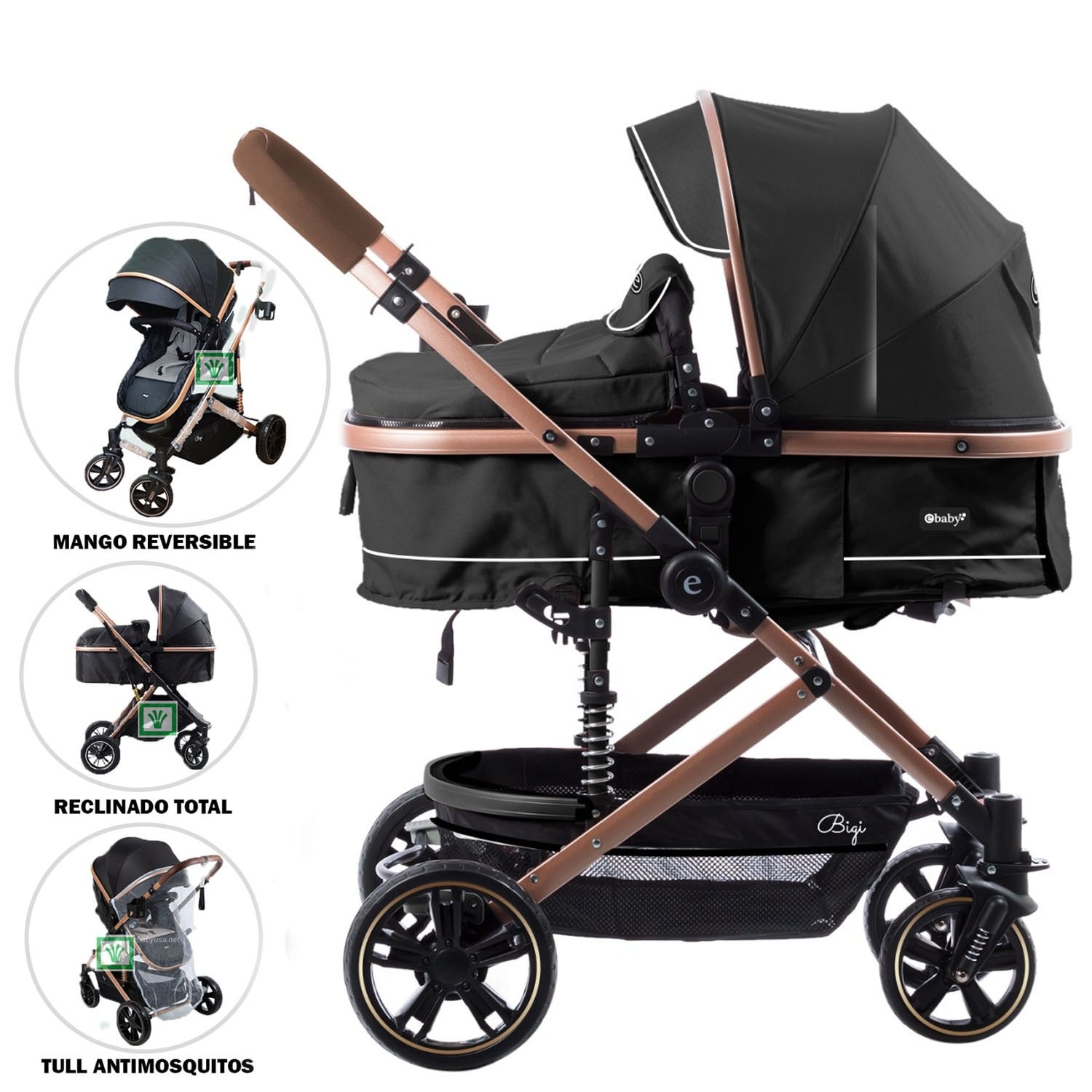 COCHE MOISES PARA BEBE BIGI CON MANGO REVERSIBLE NEGRO - 1