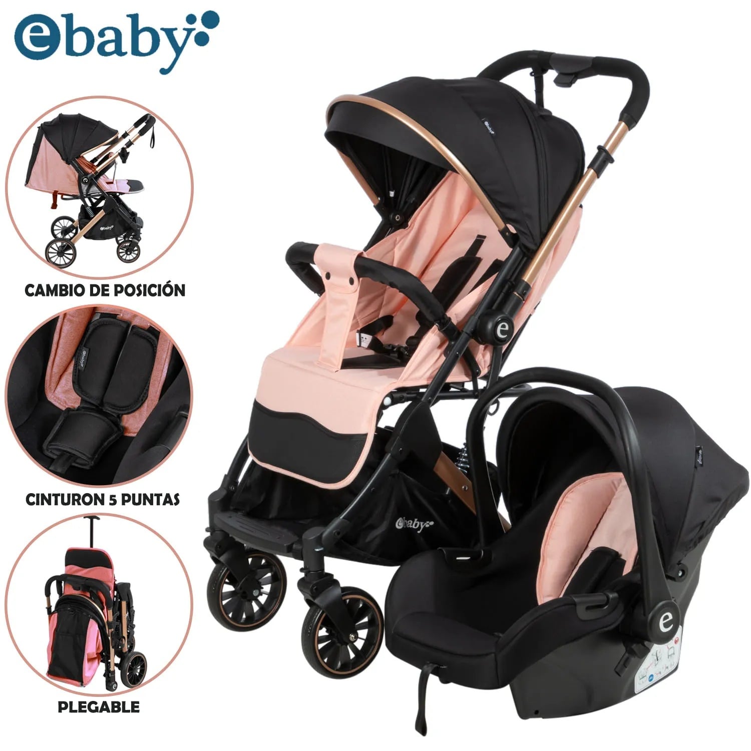 COCHE MOISÉS TRAVEL SYSTEM EBABY «SPARROW» PORTA BEBÉ PINK - 1