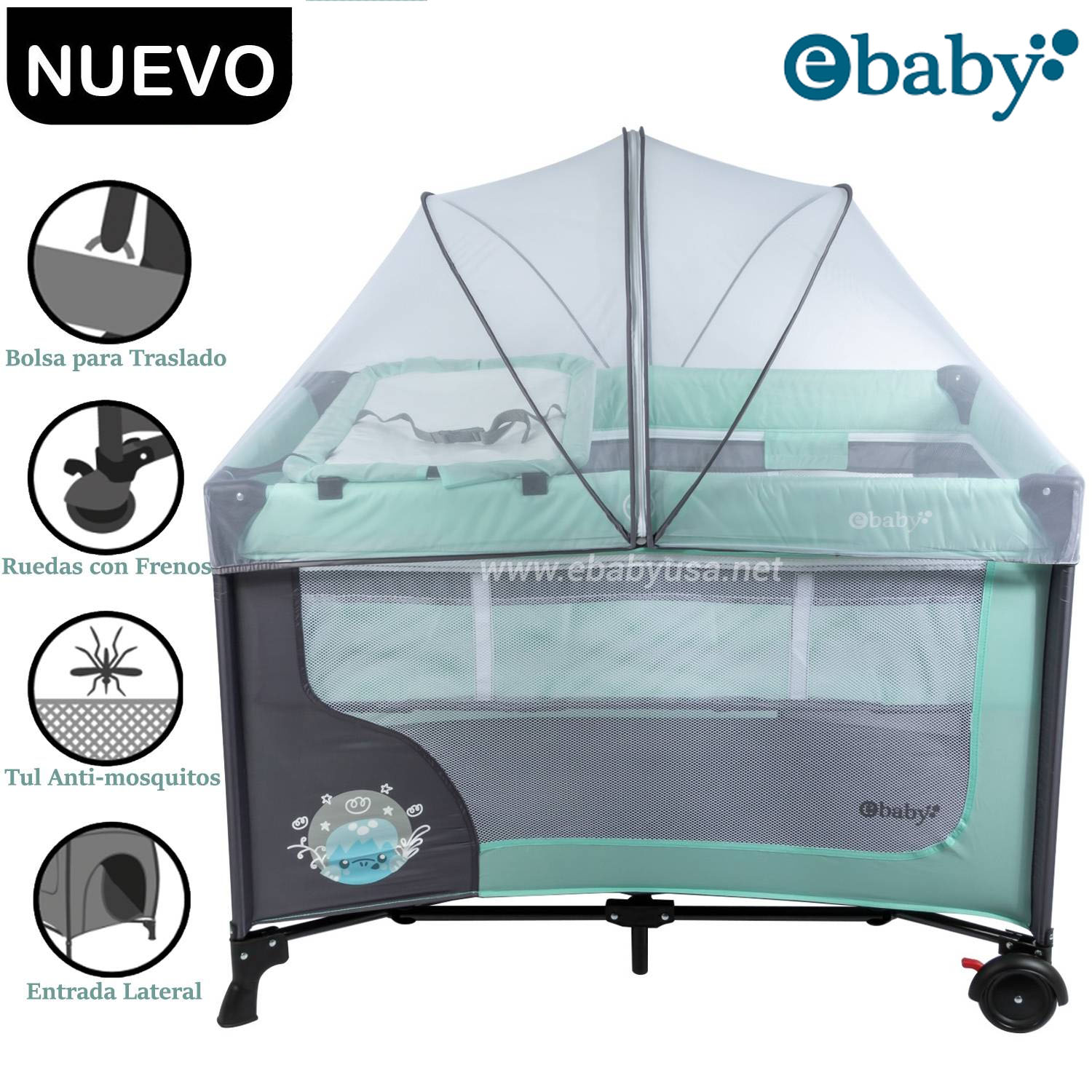 CUNA CORRAL EBABY CON CAMBIADOR HAPPY DREAM VERDE - 1