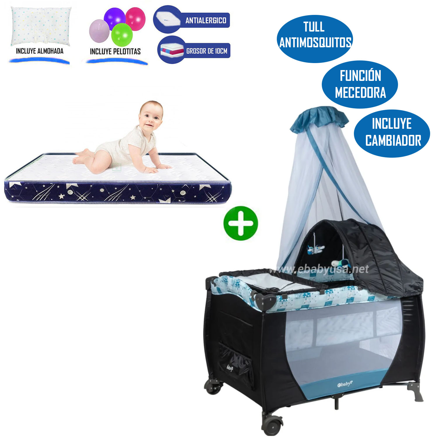 CUNA CORRAL MECEDORA 716 + COLCHÓN AZUL - 1