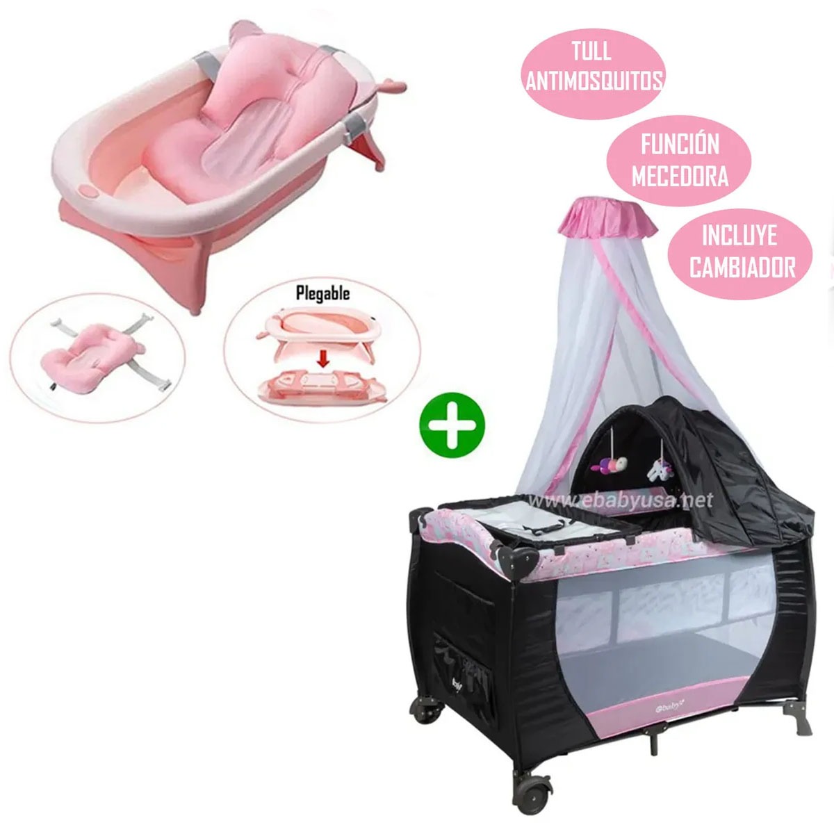CUNA CORRAL MECEDORA SALLY 716 + TINA PLEGABLE ROSADO - 1
