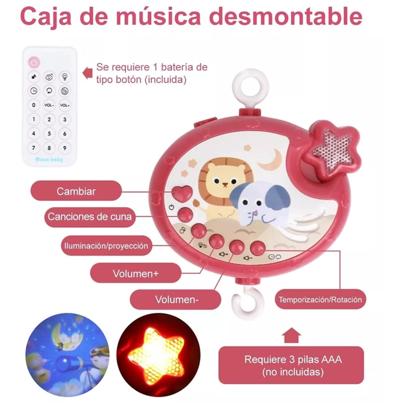 MÓVIL PARA CUNA LEÓN CON PROYECTOR Y CONTROL REMOTO ROJO - 2