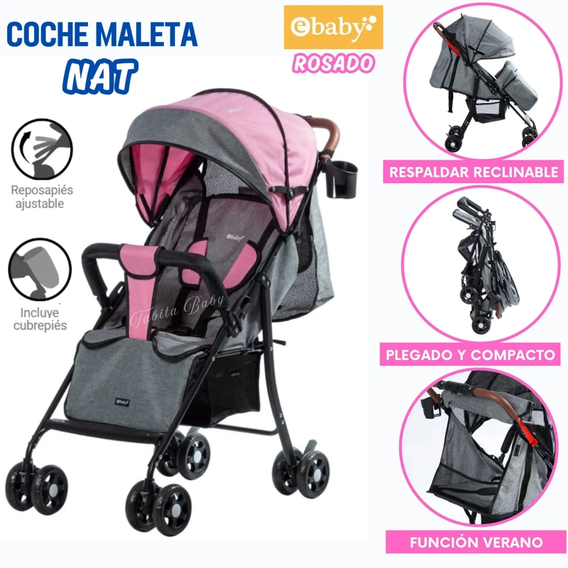 COCHE DE PASEO NAT MALETA CON CUBRE PIES PLEGABLE ROSADO - 1