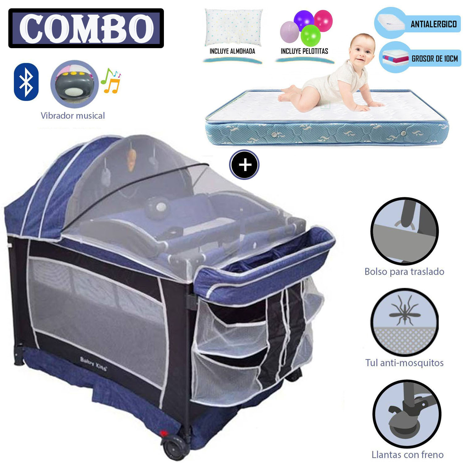 CUNA CORRAL BABY KITS VERONA AZUL+ COLCHÓN 4 ' CELESTE - 1