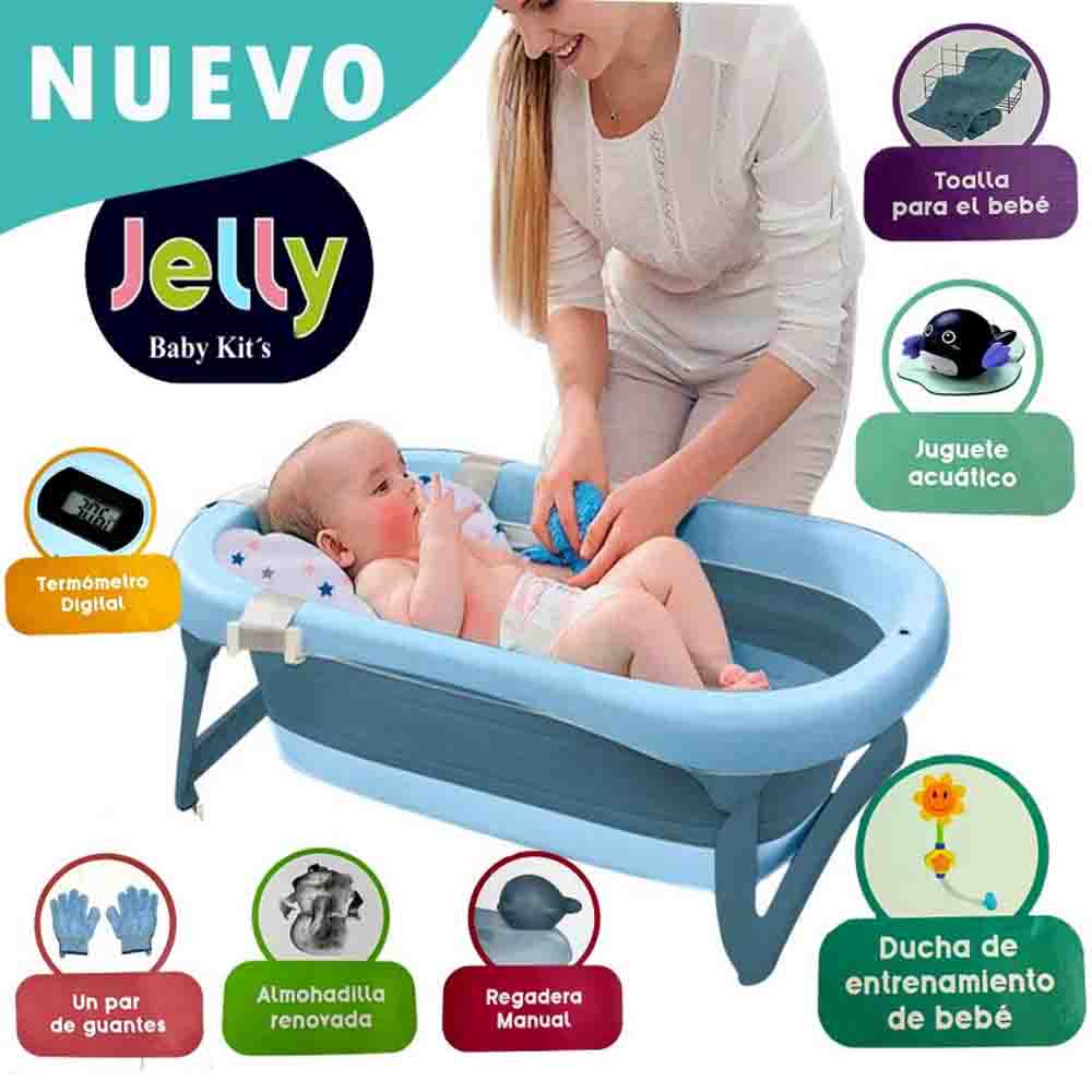 BAÑERA TINA DE BAÑO PLEGABLE JELLY TERMÓMETRO 6 ACCESORIOS AZUL - 1