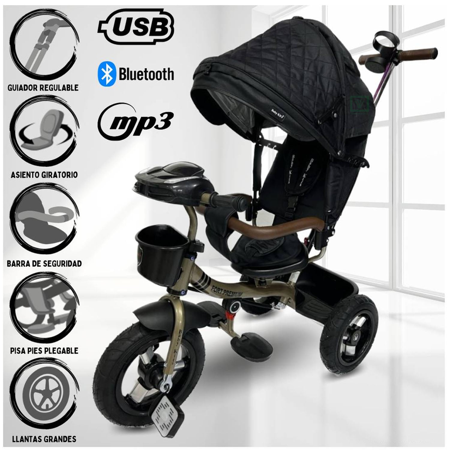 TRICICLO GUIADOR 3 EN 1 «FORT PREMIUM» USB NEGRO - 1