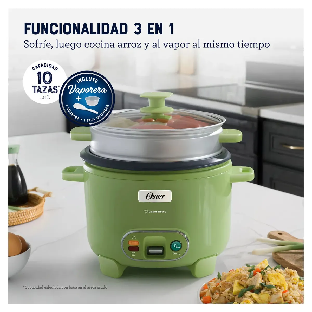 OLLA ARROCERA OSTER 1.8L 3 EN 1 FUNCIÓN DE SOFRITO VAPORERA VERDE - 4