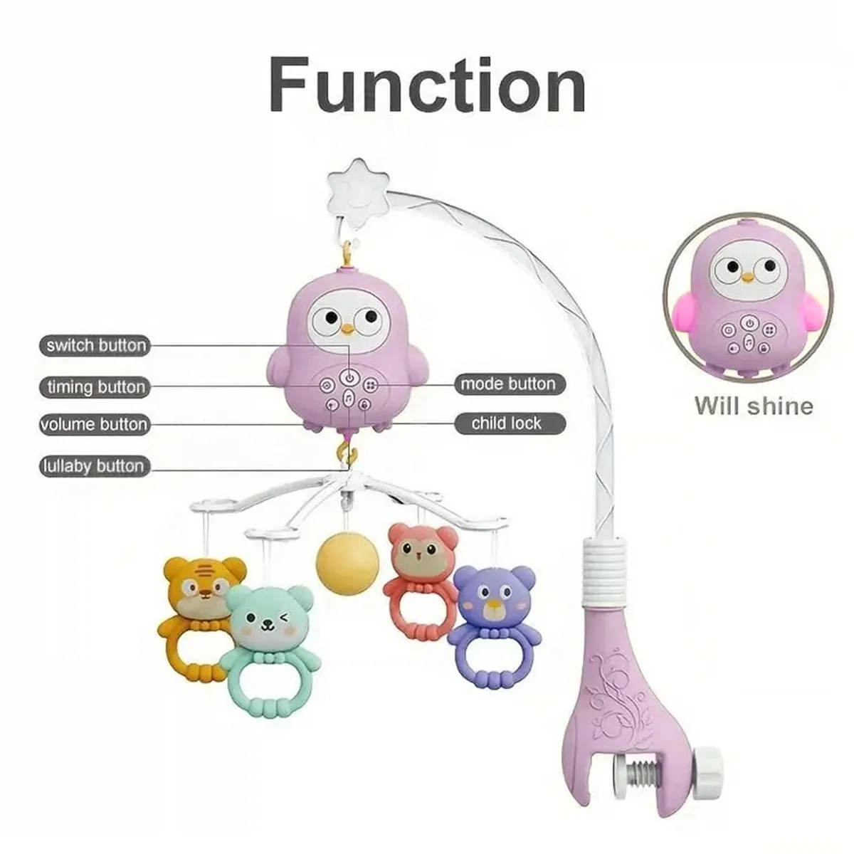 MOVIL PARA CUNA AVES CON LUCES Y SONIDOS 368-20 ROSADO - 3