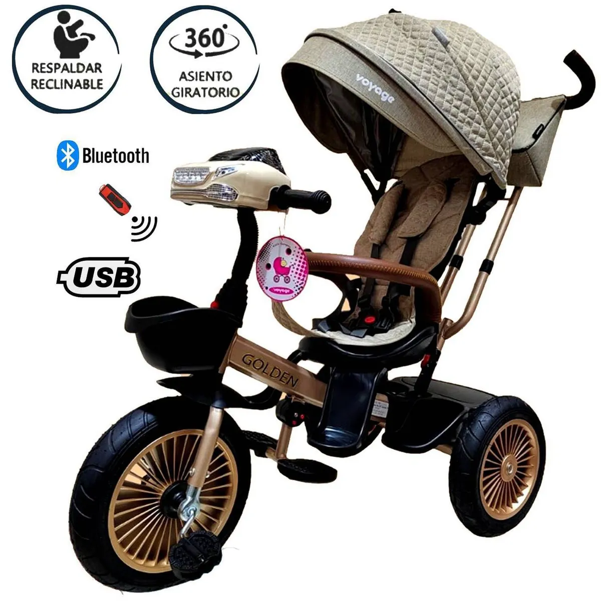 TRICICLO ASIENTO GIRATORIO VOYAGE GOLDEN CON TELA UV BEIGE - 1