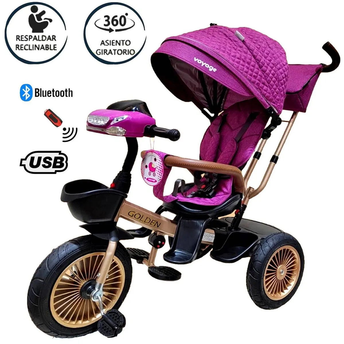 TRICICLO ASIENTO GIRATORIO VOYAGE GOLDEN CON TELA UV FUCSIA - 1