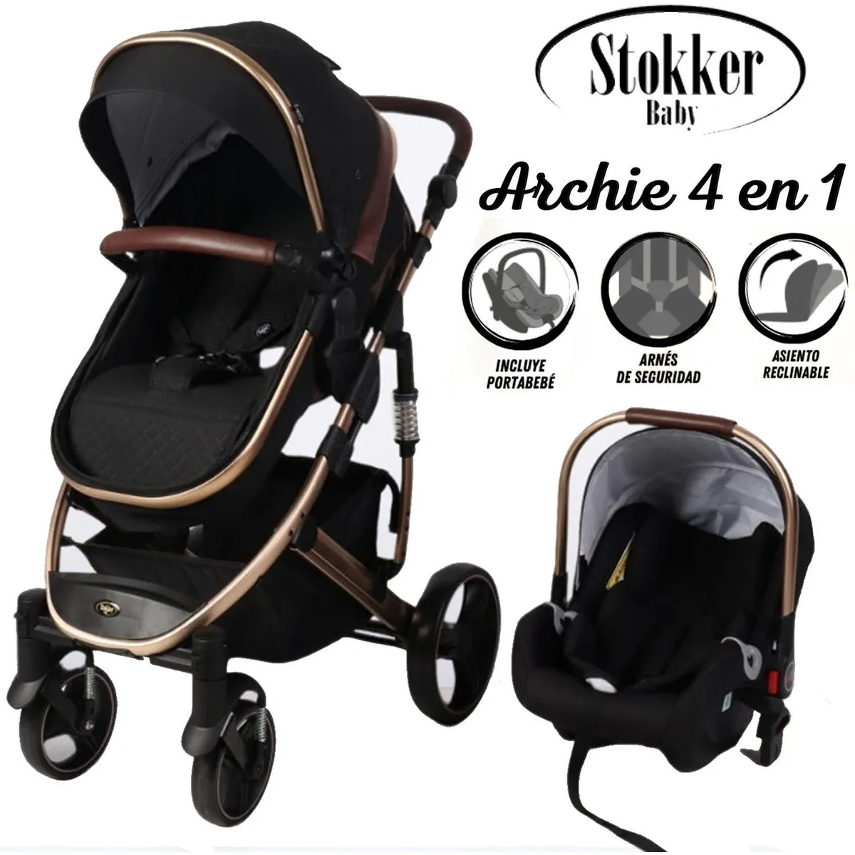 COCHE MOISES DE LUJO 4 EN1 CON PORTA BEBÉ STOKKER BABY NEGRO - 1