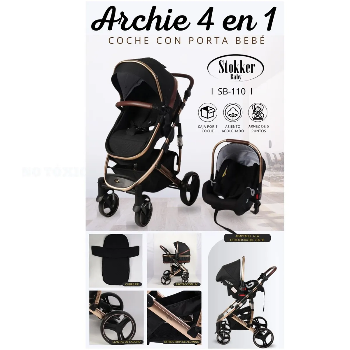 COCHE MOISES DE LUJO 4 EN1 CON PORTA BEBÉ STOKKER BABY NEGRO - 7