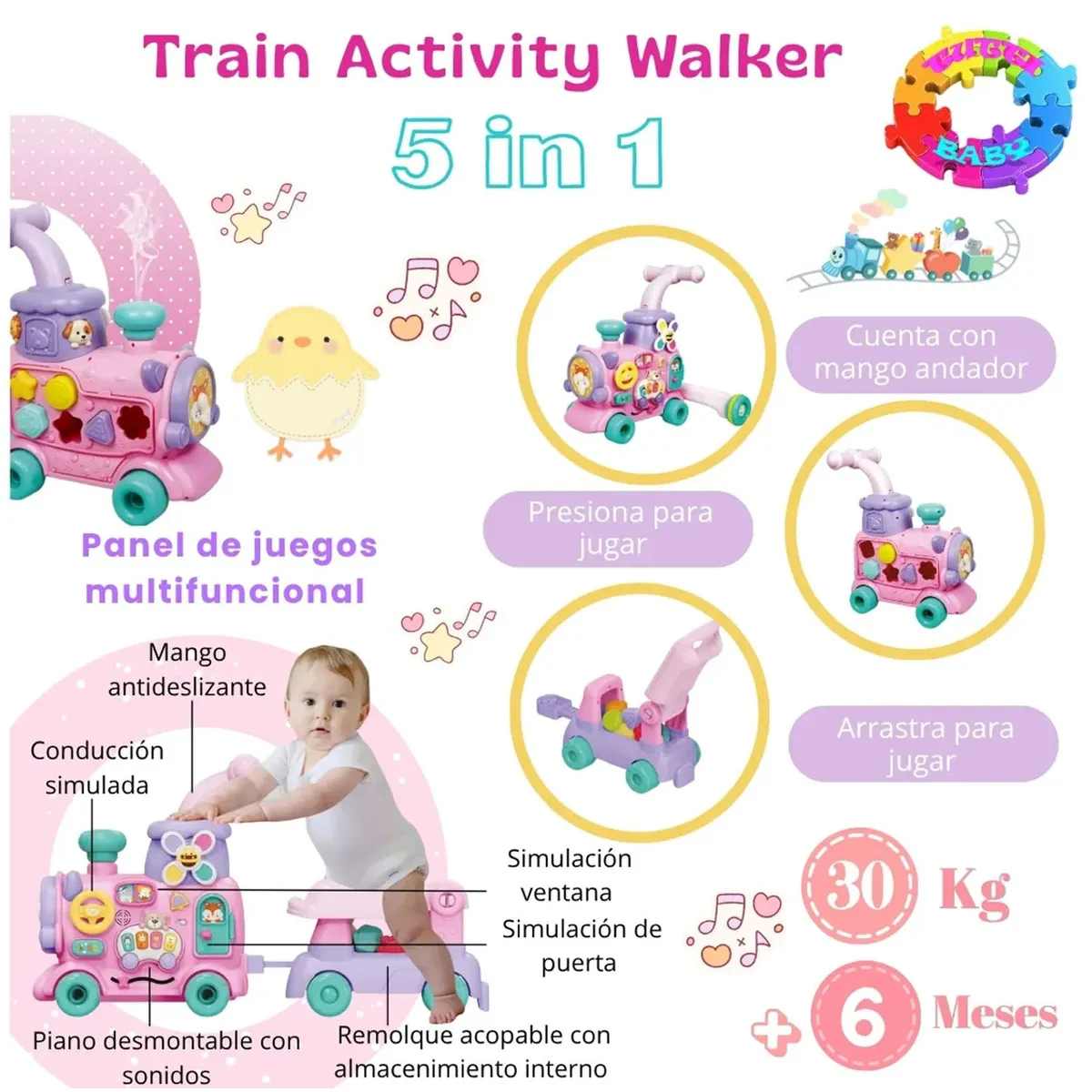 CAMINADOR MULTIFUNCIONAL 'TRAIN WALKER' 5 EN 1 ROSADO - 2