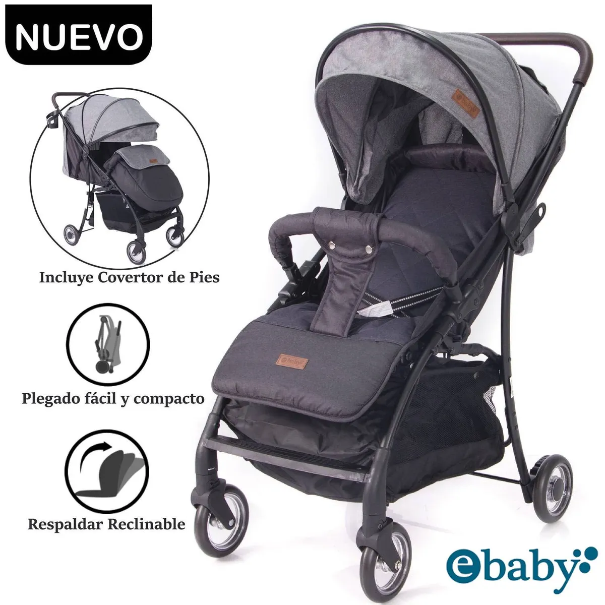 COCHE DE PASEO EBABY RESPALDAR RECLINABLE BOOZ GRIS - 1