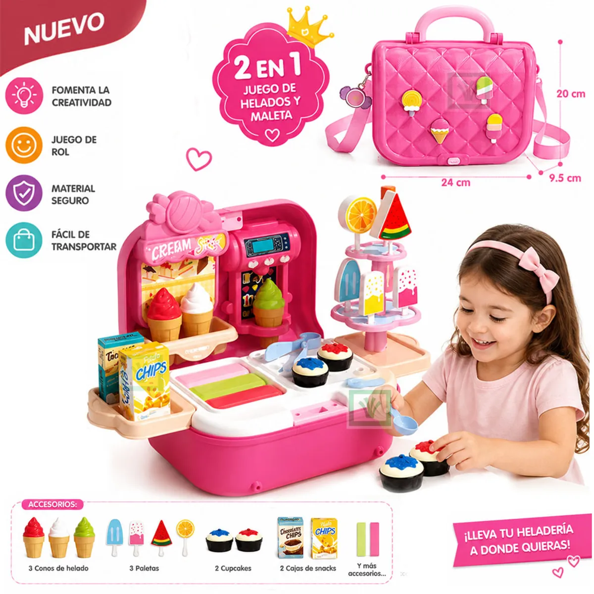 JUGUETE SET DE HELADOS Y POSTRES 2 EN 1 MALETIN ROSADO 008-709A - 1