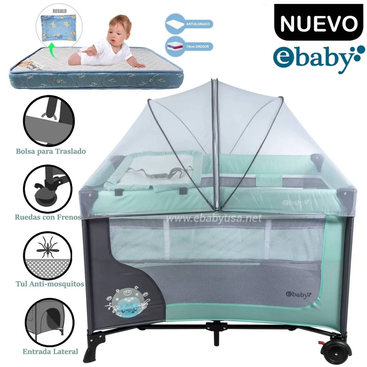 CUNA CORRAL EBABY CON CAMBIADOR HAPPY DREAM VERDE+COLCHÓN - 1