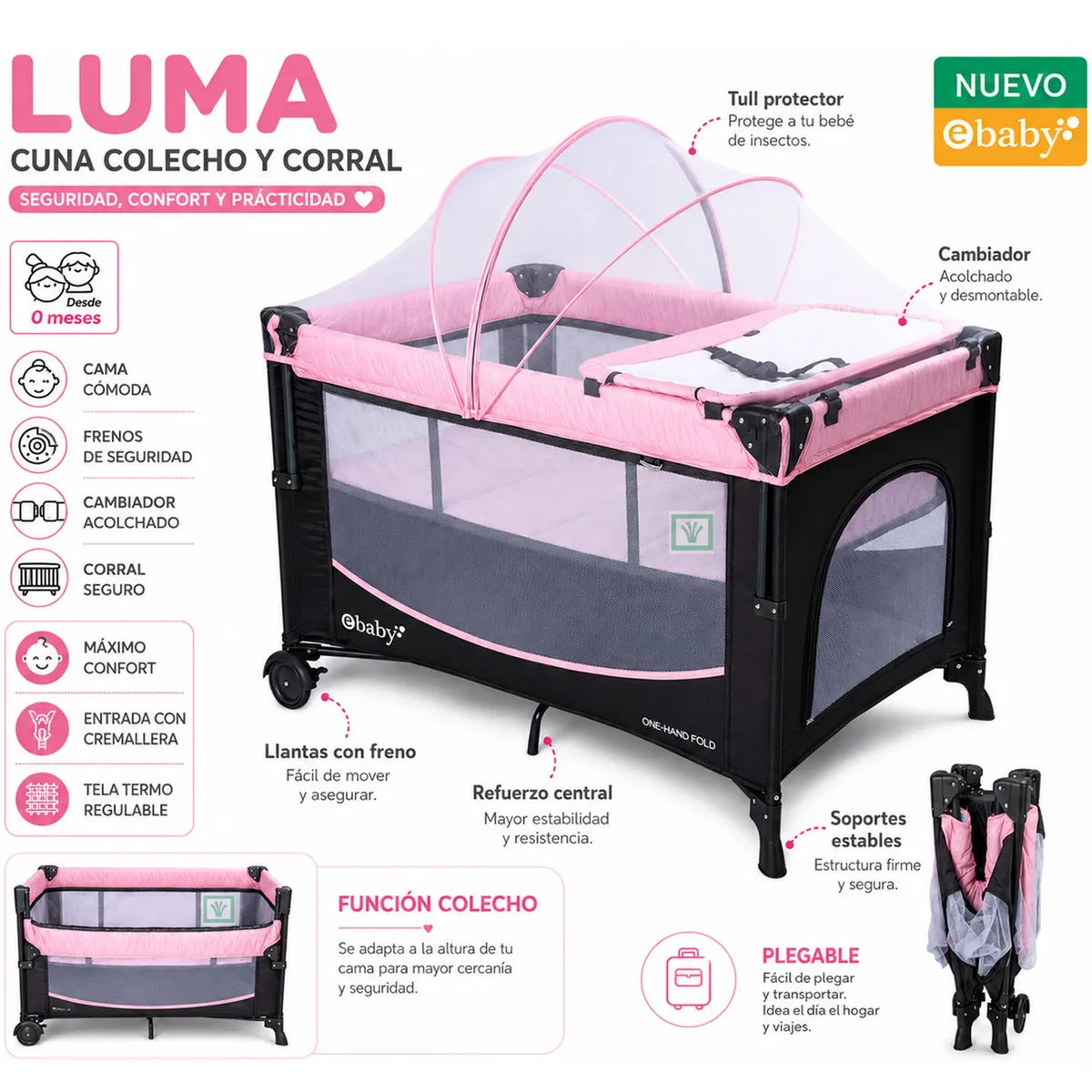 CUNA COLECHO LUMA EBABY EB771 ROSADO - 1