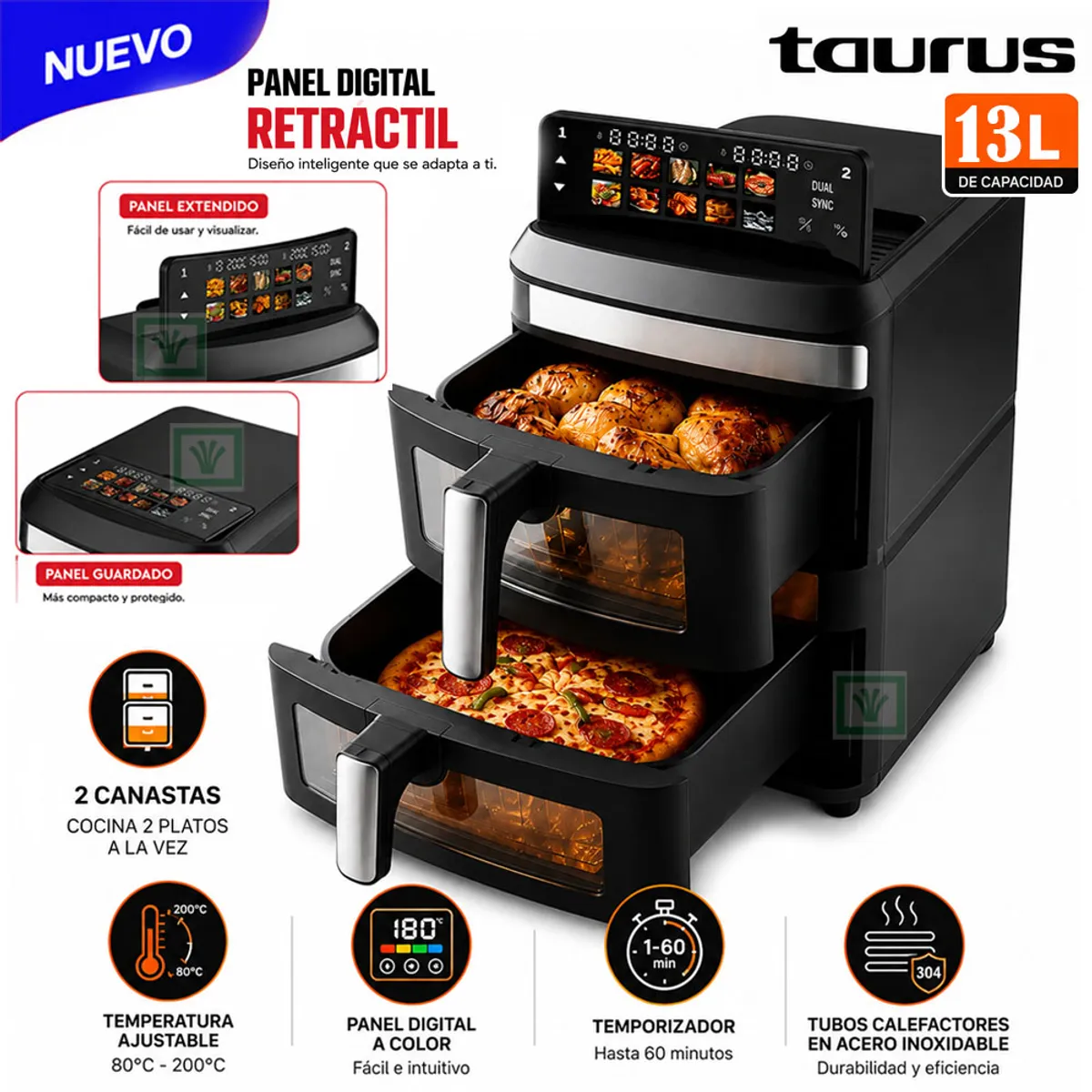 FREIDORA DE AIRE DIGITAL TAURUS DOBLE COMPARTIMIENTO DUO AIR TOWER 13 LITROS - 1