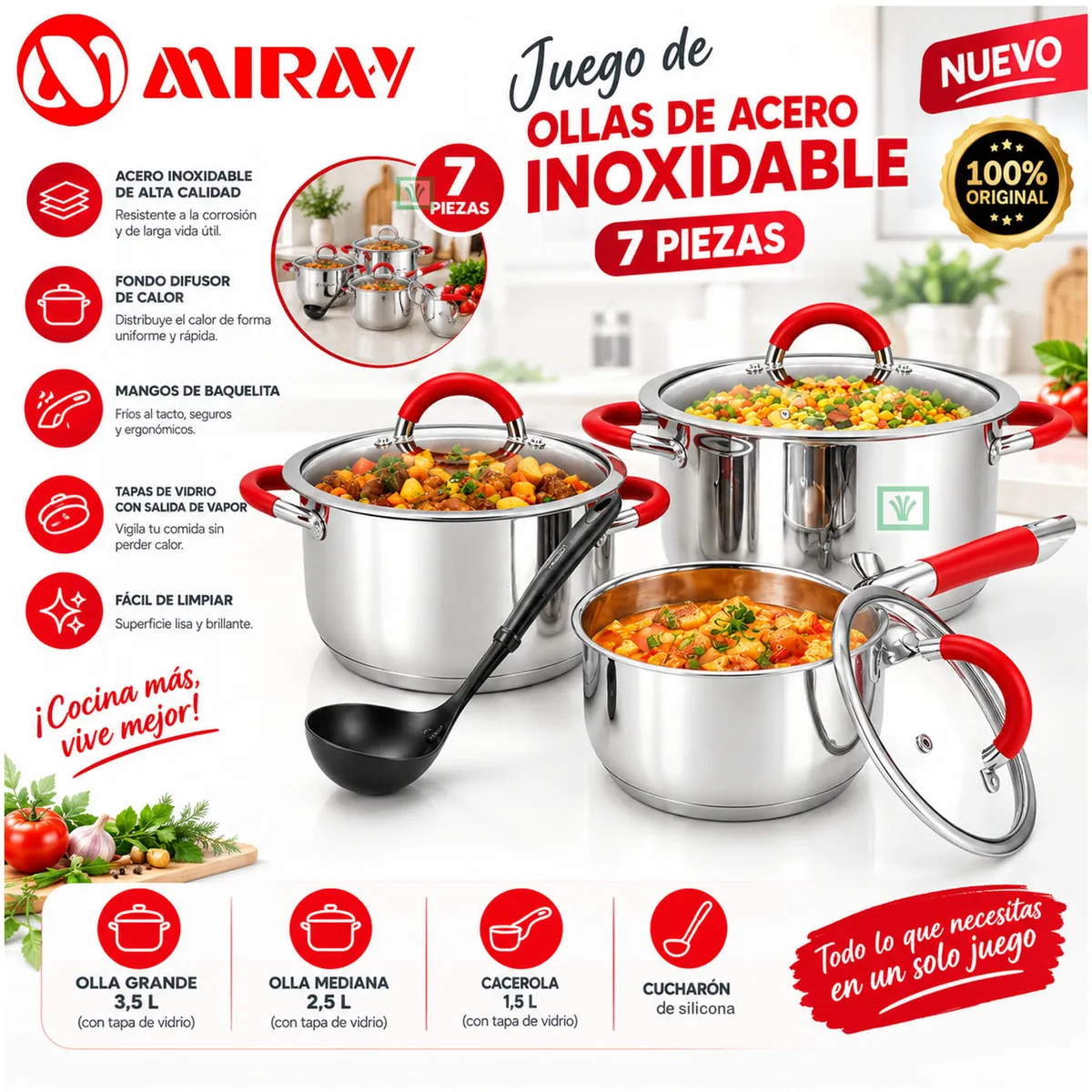 JUEGO DE OLLAS MIRAY JOM-506R 7 PZAS ACERO INOX - 1