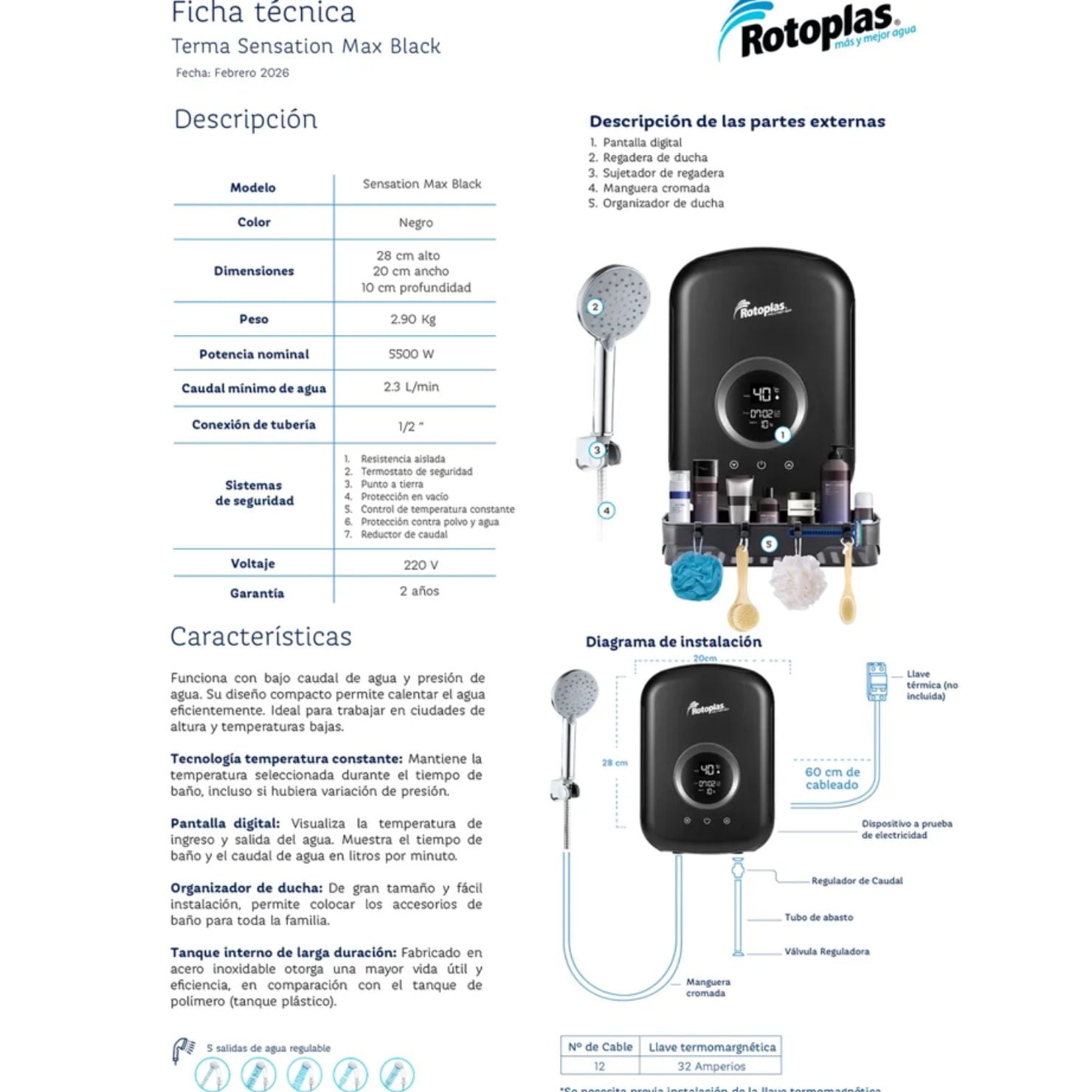 RAPIDUCHA ROTOPLAS SENSATION MAX BLACK 5500W CALENTADOR DE AGUA - 3