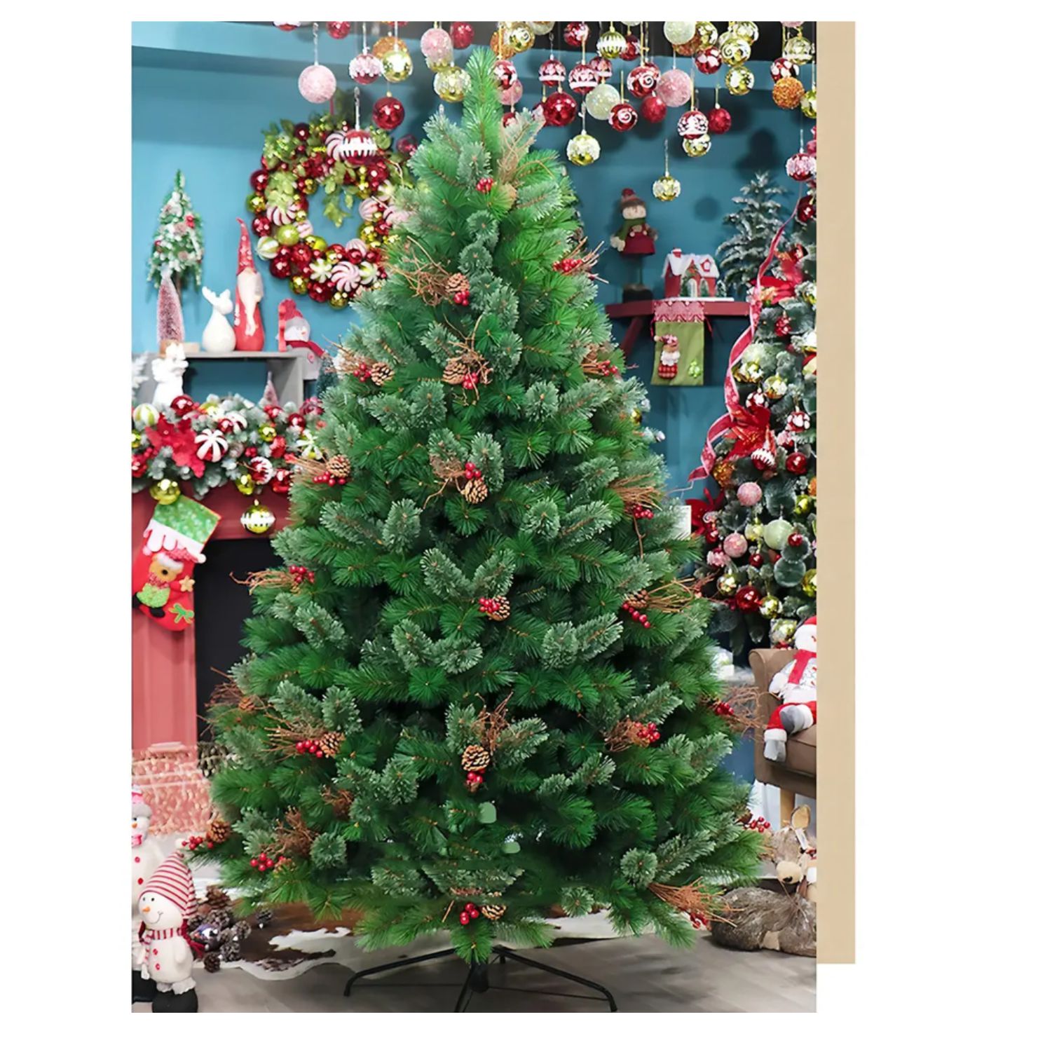 ÁRBOL DECORATIVO SEMINEVADO DE 210 CM CON 1156 RAMAS Y PIÑAS DE CEREZO CX3210 - 1