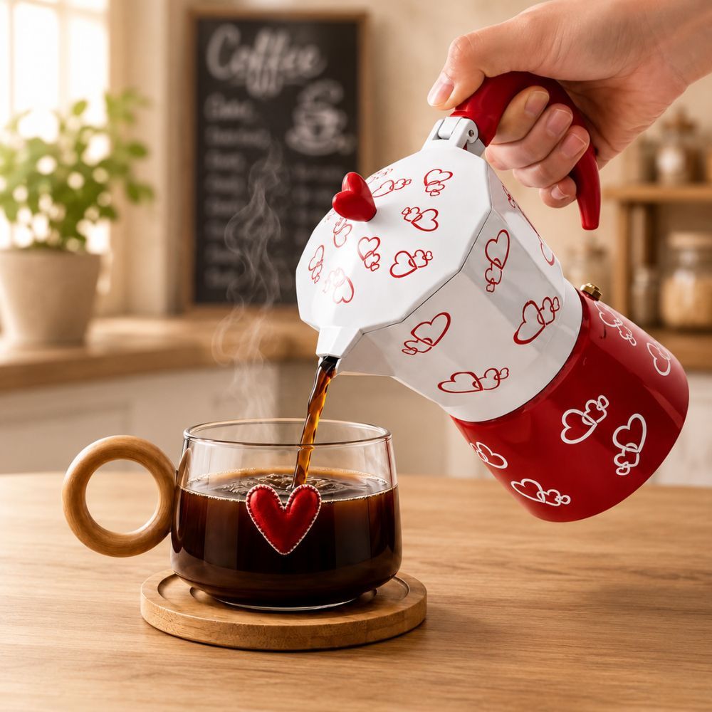 CAFETERA MOKA ITALIANA CORAZONES Y TAZA BASE DE MADERA - 1