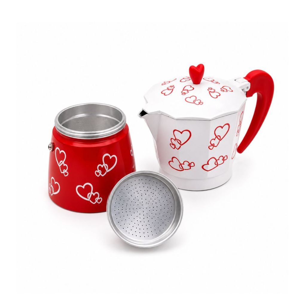 CAFETERA MOKA ITALIANA CORAZONES Y TAZA BASE DE MADERA - 2