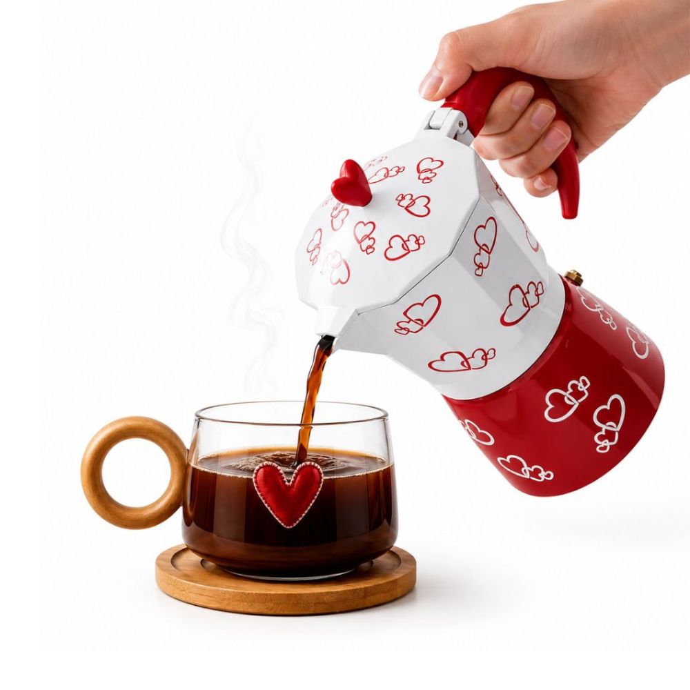 CAFETERA MOKA ITALIANA CORAZONES Y TAZA BASE DE MADERA - 3