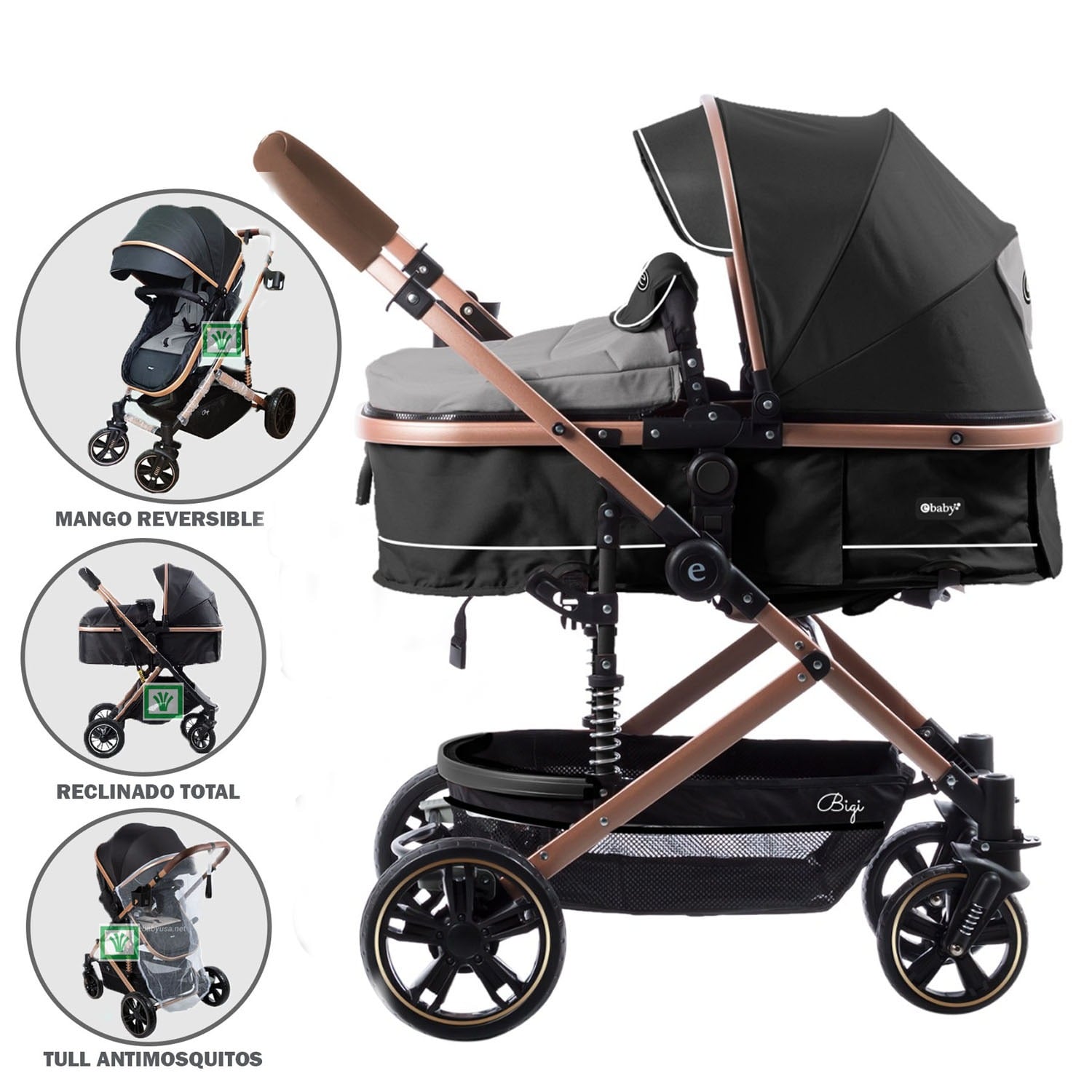COCHE MOISES PARA BEBE BIGI CON MANGO REVERSIBLE GRIS - 1