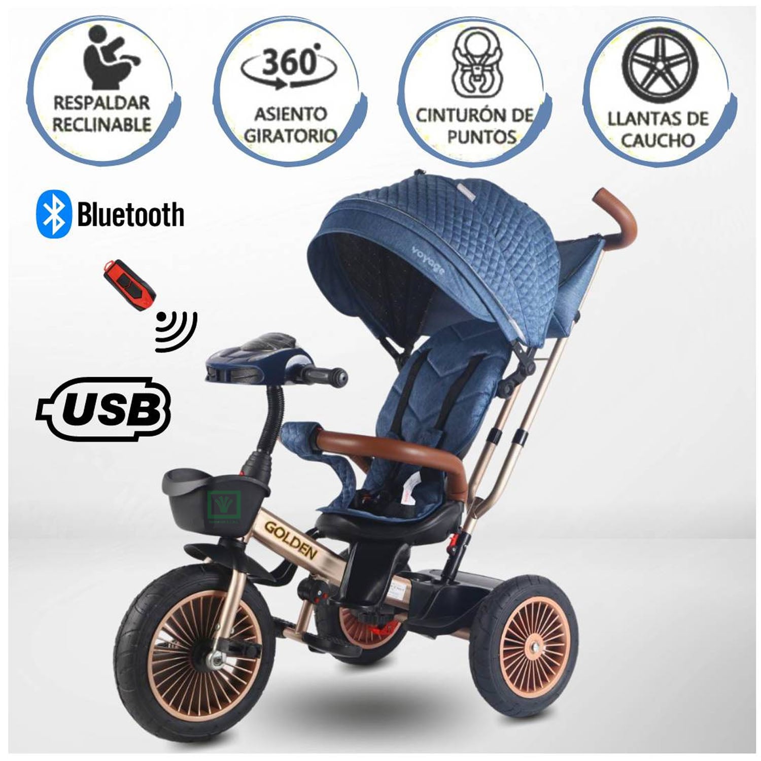 TRICICLO GUIADOR 3 EN 1 «GOLDEN II NEW COLLECTION» USB AZUL - 1