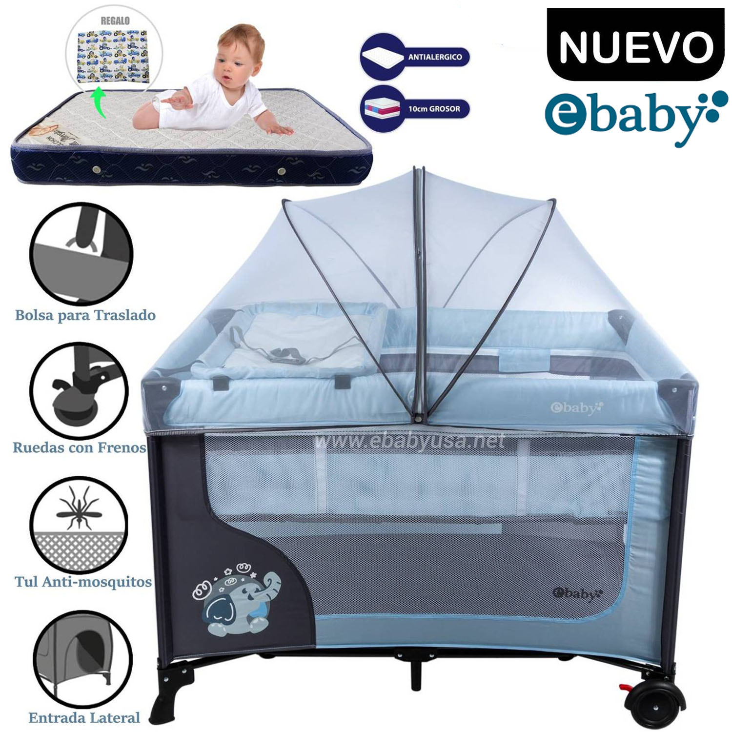 CUNA CORRAL EBABY CON CAMBIADOR HAPPY DREAM CELESTE+COLCHÓN - 1