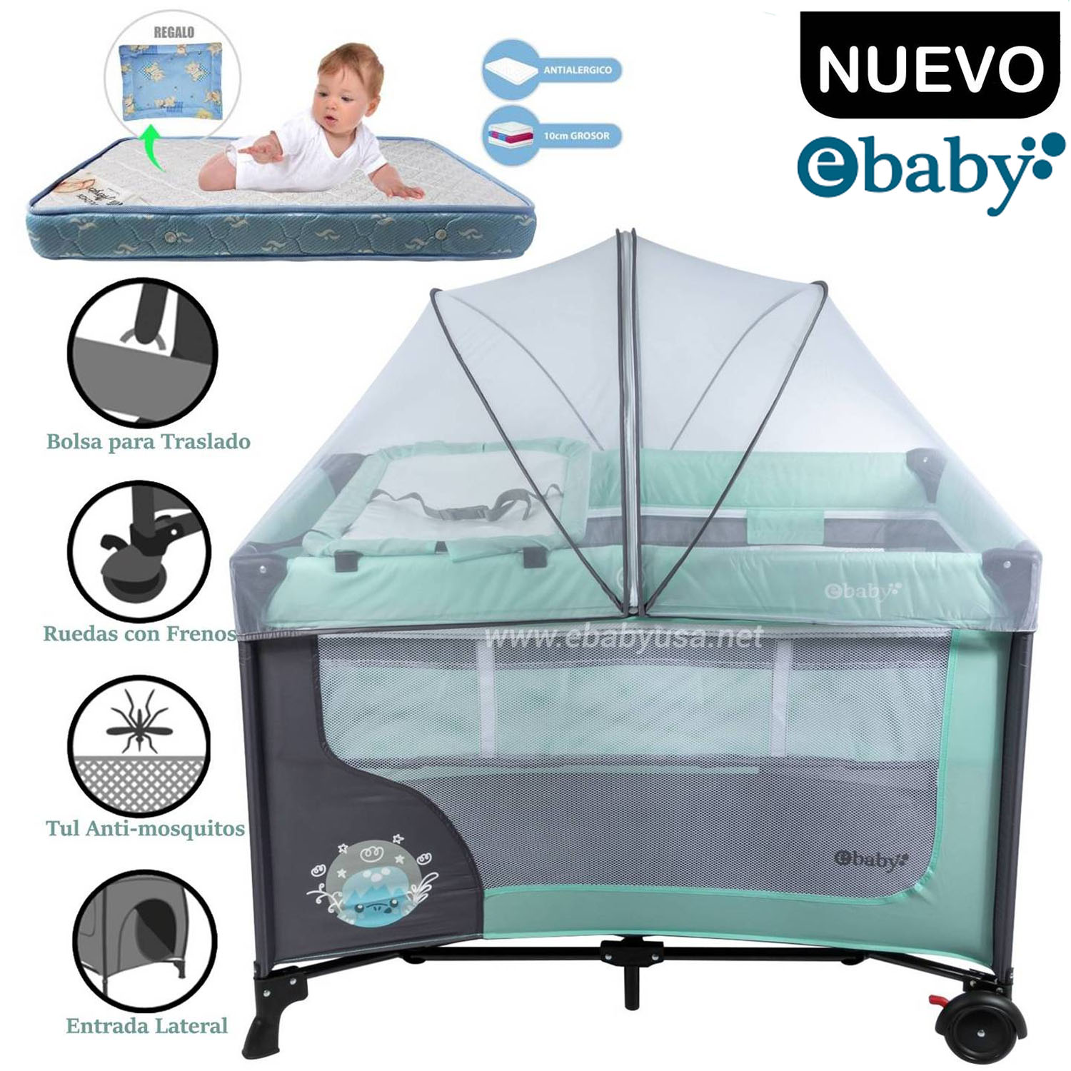 CUNA CORRAL EBABY CON CAMBIADOR HAPPY DREAM VERDE+COLCHÓN - 1