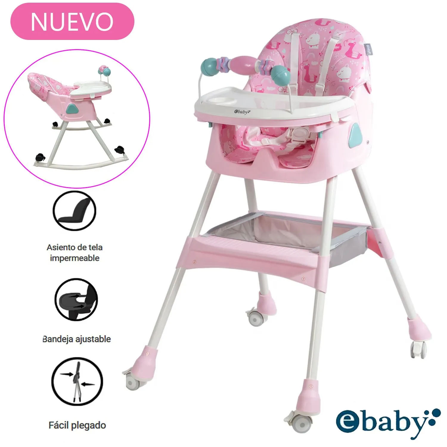 SILLA DE COMER EBABY ASIENTO RECLINABLE DALI ROSADO RUEDAS - 2