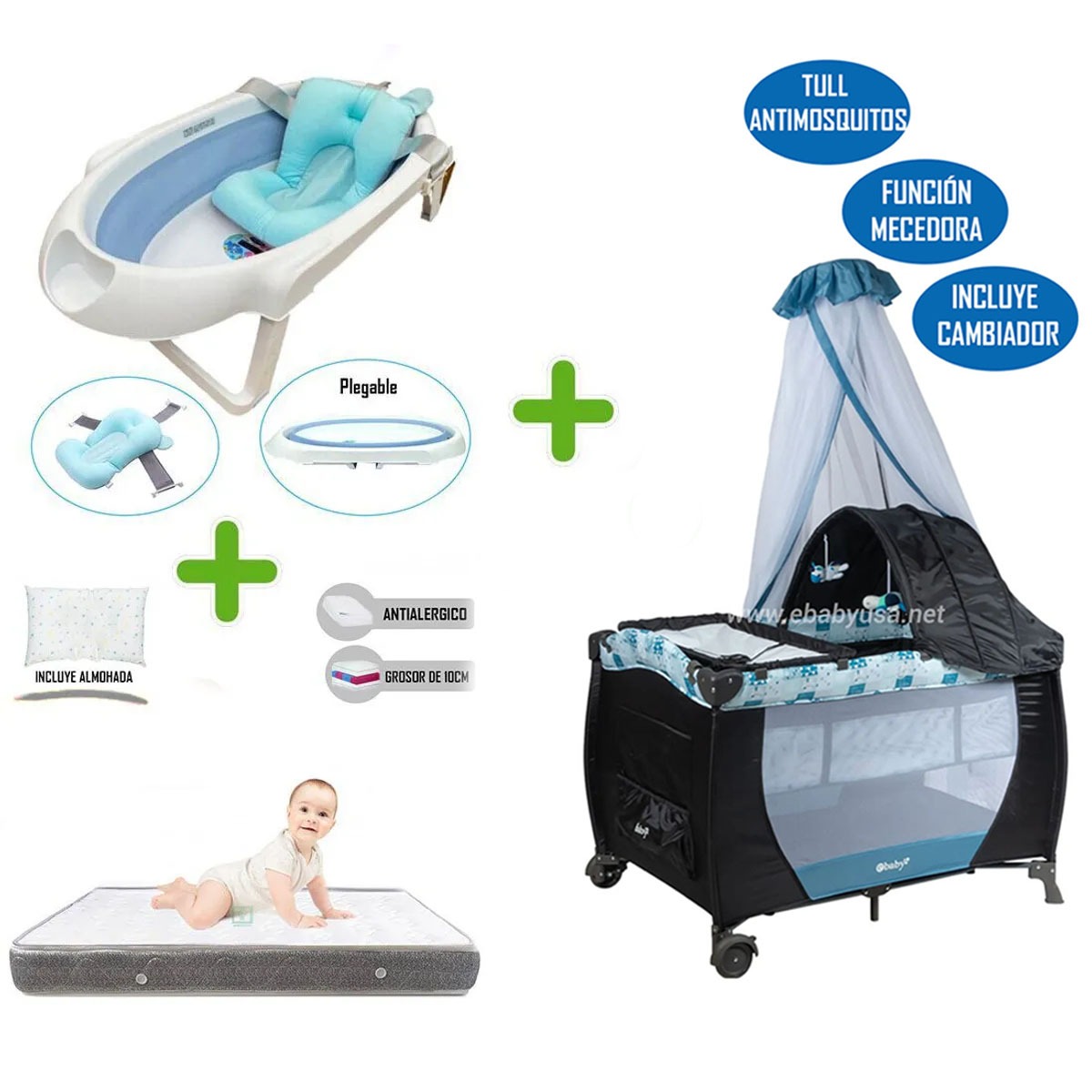 CUNA CORRAL SALLY 716 + COLCHÓN DE 4' GRIS + BAÑERA CELESTE - 2